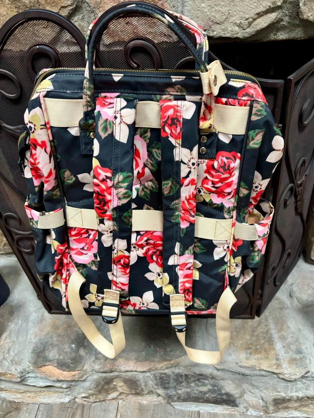 Floral Quilted Backpack Tote in Black and Pink Roses